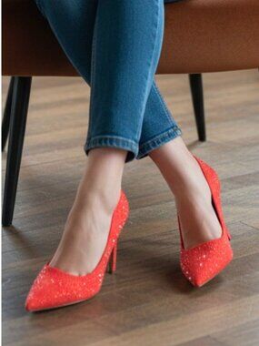 Crystal-Embellished Orange High Heels For Women Pointed Toe Stiletto Heel Elegan